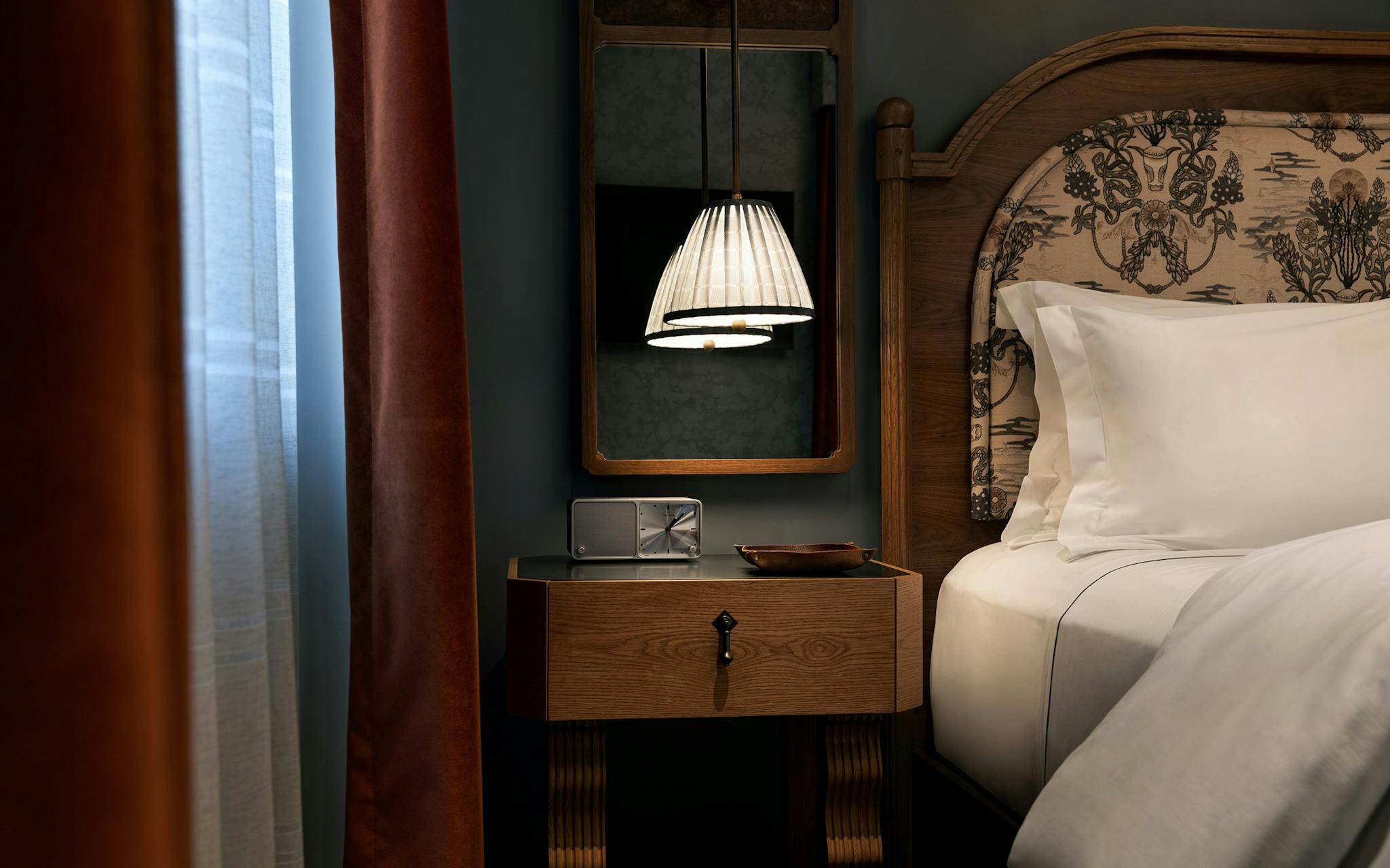 The Tower guest rooms feature custom headboards made in collaboration with Fort Lonesome, an Austin-based chainstitch embroidery outfit, inspired by Texas flora and fauna.