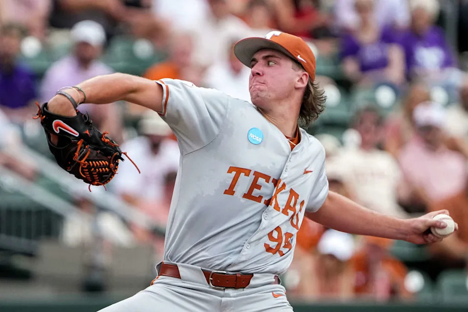 Texas Longhorns pitcher Dylan Volantis (99) throws a pitch during the NCAA Baseball Regional game against Tarleton State at UFCU Disch-Falk Field on Saturday, May 30, 2026 in Austin. (Aaron E. Martinez/Austin American-Statesman)