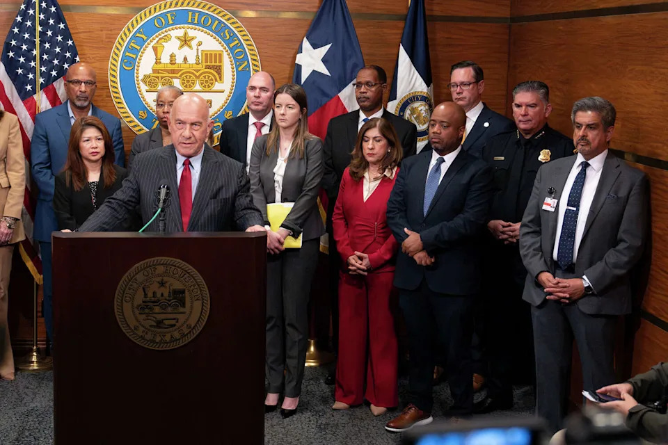 HOUSTON, TEXAS - MAY 6: Houston city administrators and elected officials stand with Mayor John Whitmire as he discusses details of his balanced budget during a media briefing in Houston, Tuesday, May 6, 2025. (Houston Chronicle/Hearst Newspap/Houston Chronicle via Getty Imag)
