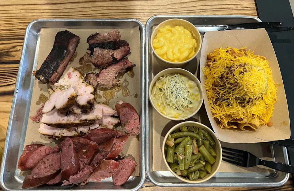 Spread of food at Smokey Mo's BBQ in San Antonio. (Peter L. Scamardo II/MySA)