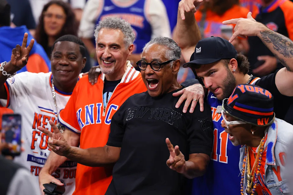 Tracy Morgan, John Turturro, Giancarlo Esposito, Cam Skattebo and Spike Lee pose for a photo before Game Five of the 2026 NBA Finals between the San Antonio Spurs and the New York Knicks at Frost Bank Center on June 13, 2026 in San Antonio, Texas.