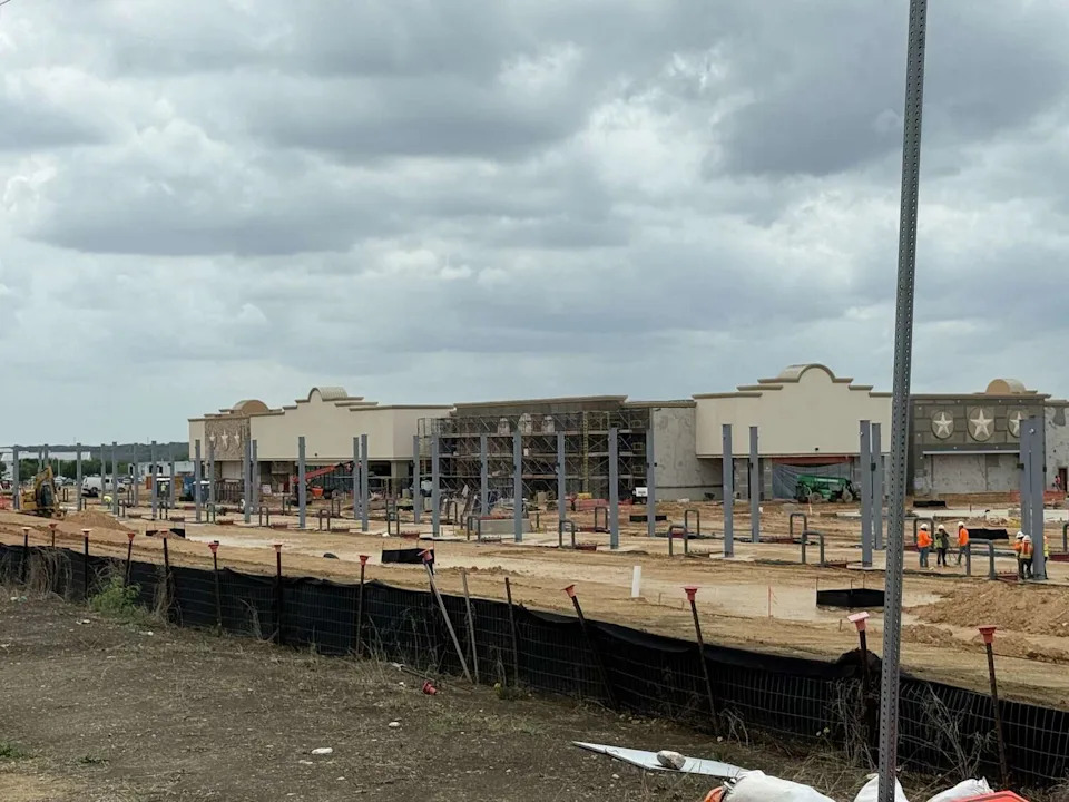 The San Marcos Buc-ee's takes shape along I-35 on April 2, 2026, as crews continue work on the massive travel center ahead of its anticipated July opening. (Nicholas Hernandez/MySA)