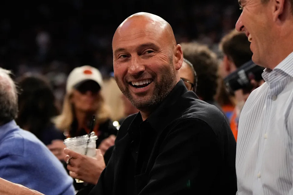 Former New York Yankee Derek Jeter smiles during Game 3 of the NBA Finals basketball series between the San Antonio Spurs and the New York Knicks, Monday, June 8, 2026, in New York. (AP Photo/Ross D. Franklin)