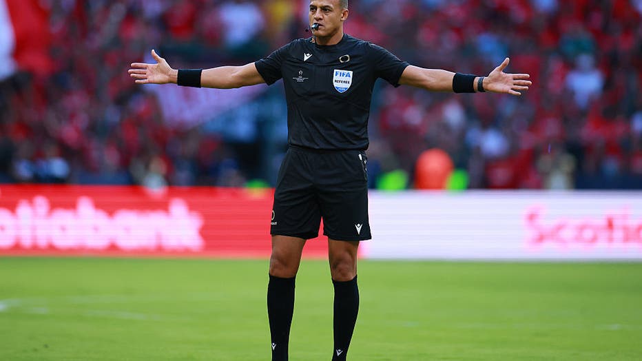 Referee Ismail Elfath gestures during the CONCACAF Champions Cup 2026 final match between Toluca and Tigres UANL at Nemesio Diez Stadium on May 30, 2026 in Toluca, Mexico.