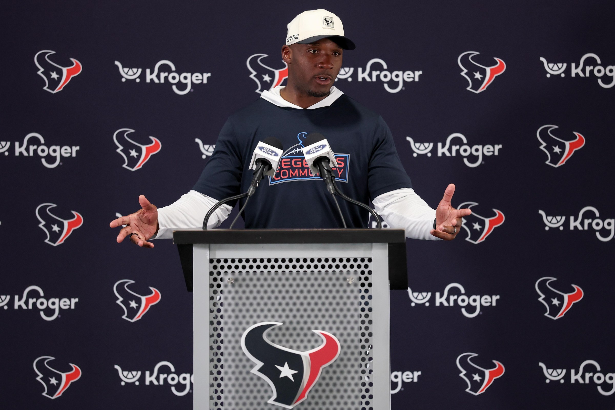 HOUSTON, TEXAS - JUNE 02: Head coach DeMeco Ryans speaks with the media during OTA Offseason Workouts at Houston Methodist Training Center on June 02, 2026 in Houston, Texas. (Photo by Tim Warner/Getty Images)