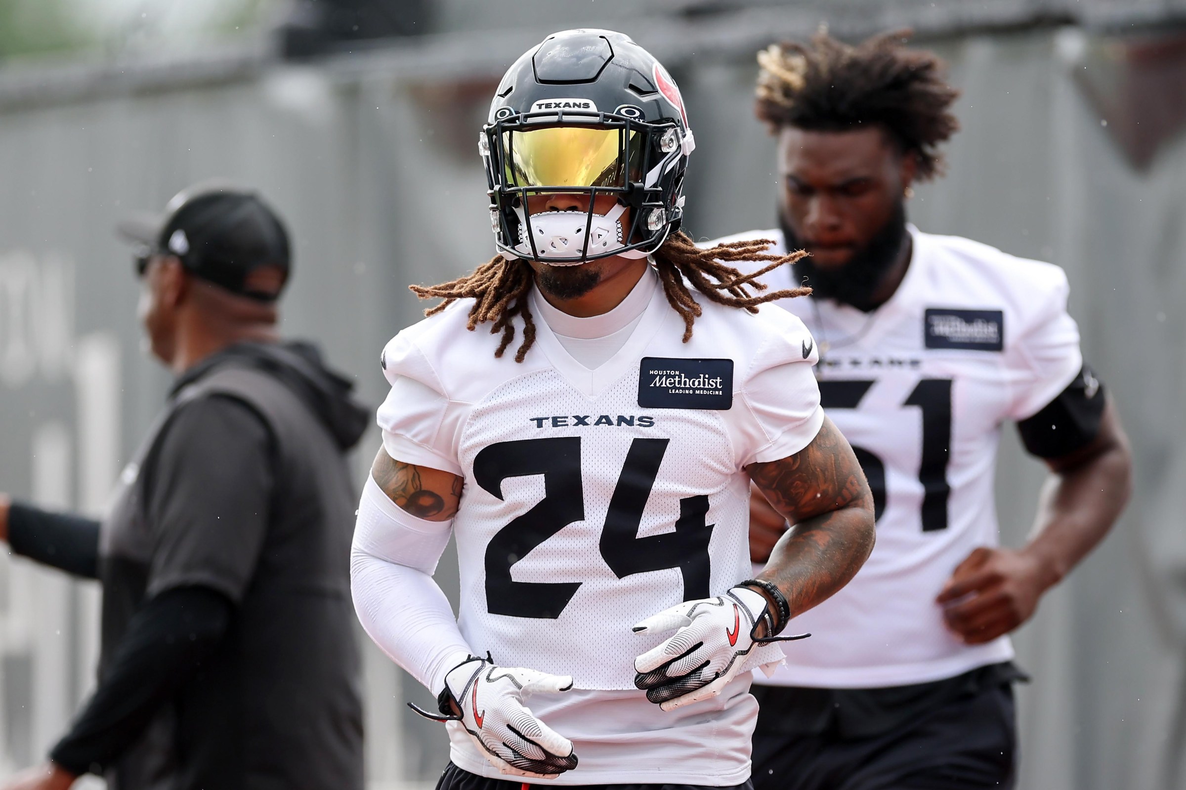 HOUSTON, TEXAS - JUNE 02: Derek Stingley Jr. #24 of the Houston Texans takes the field during OTA Offseason Workouts at Houston Methodist Training Center on June 02, 2026 in Houston, Texas. (Photo by Tim Warner/Getty Images)
