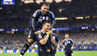 ARLINGTON, TEXAS - JUNE 27: Giovani Lo Celso of Argentina celebrates with teammate Nicolas Otamendi #19 after scoring his team's first goal during the FIFA World Cup 2026 Group J match between Jordan and Argentina at Dallas Stadium on June 27, 2026 in Arlington, Texas.