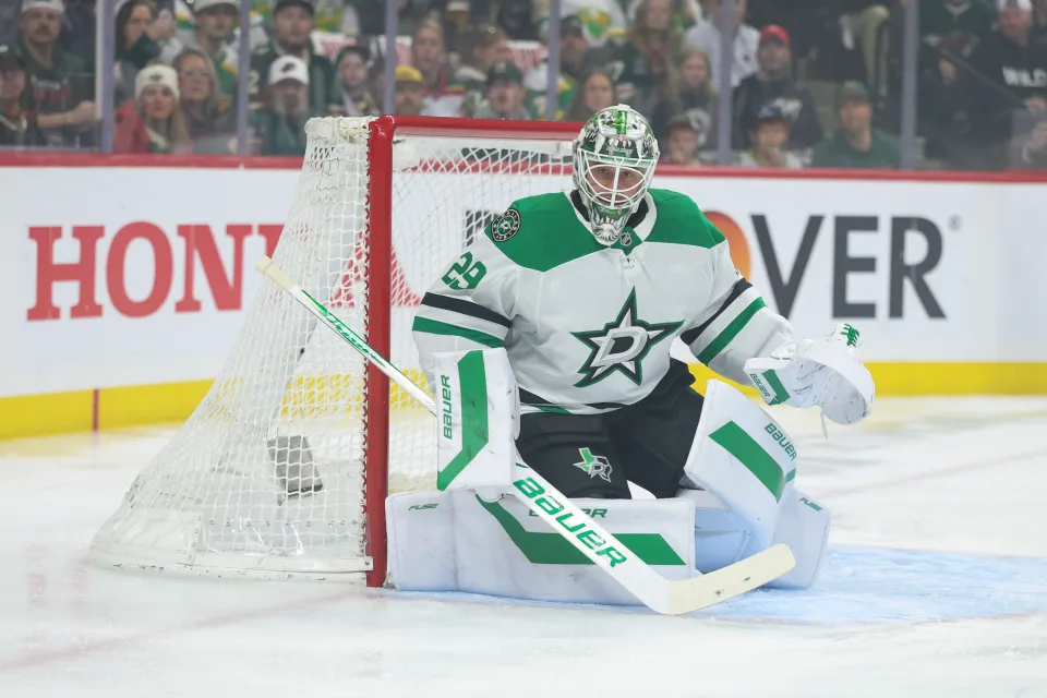 Jake Oettinger #29 of the Dallas Stars defends the net against the Minnesota Wild during the first period in Game Six of the First Round of the 2026 Stanley Cup Playoffs at Grand Casino Arena on April 30, 2026 in St Paul, Minnesota.
