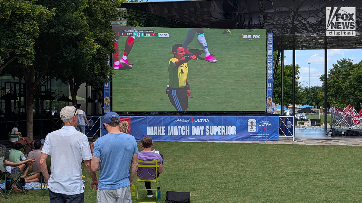 Fans watch a FIFA World Cup match on a giant outdoor video screen at a public viewing area, with spectators seated and standing on a grassy lawn.