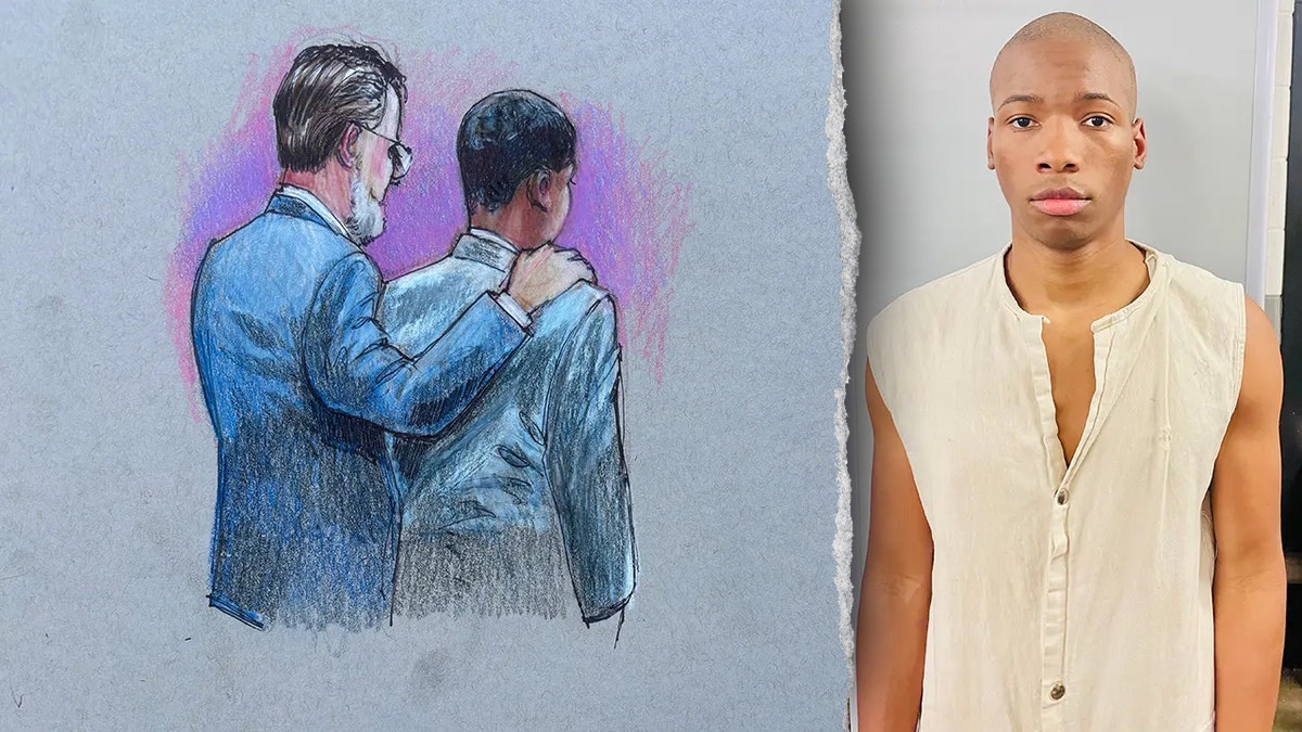 Karmelo Anthony and his attorney in a courtroom sketch and Karmelo Anthony in custody of Texas Department of Criminal Justice