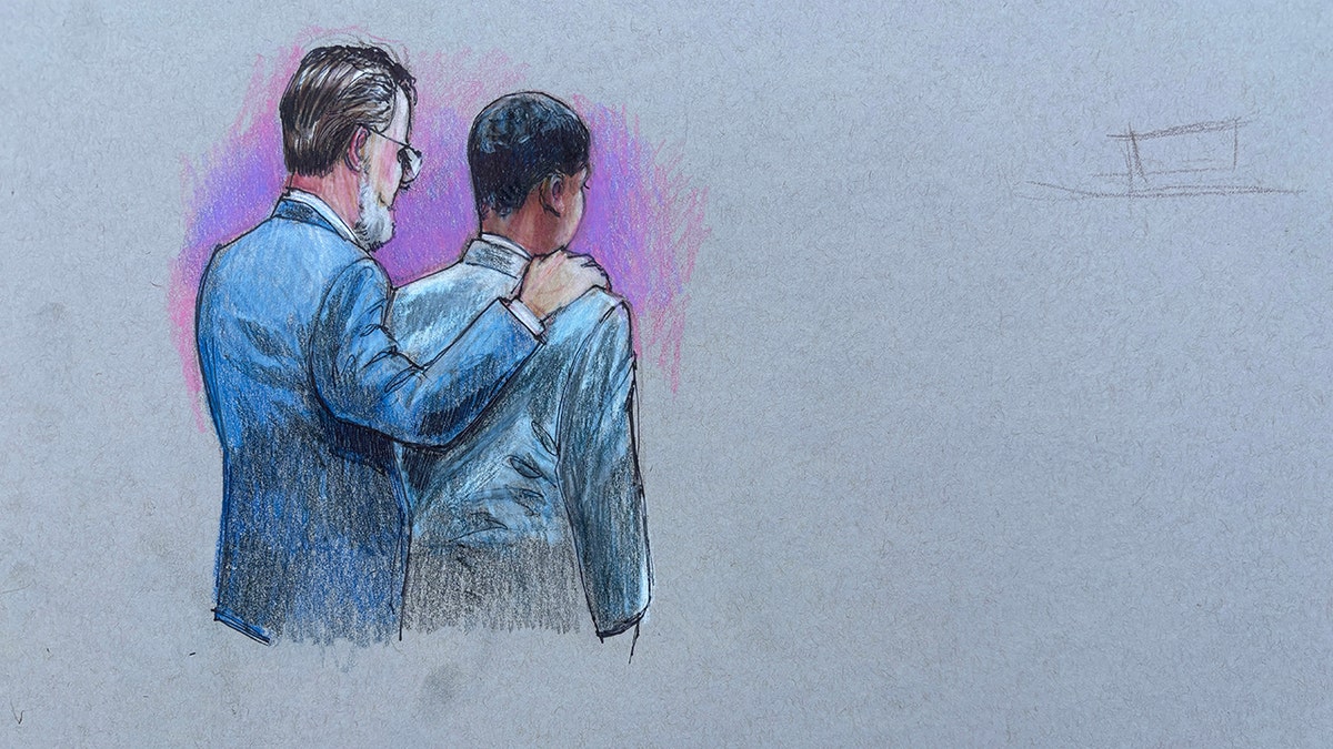 A court sketch depicts the scene from Karmelo Anthony’s trial as he was convicted of murder