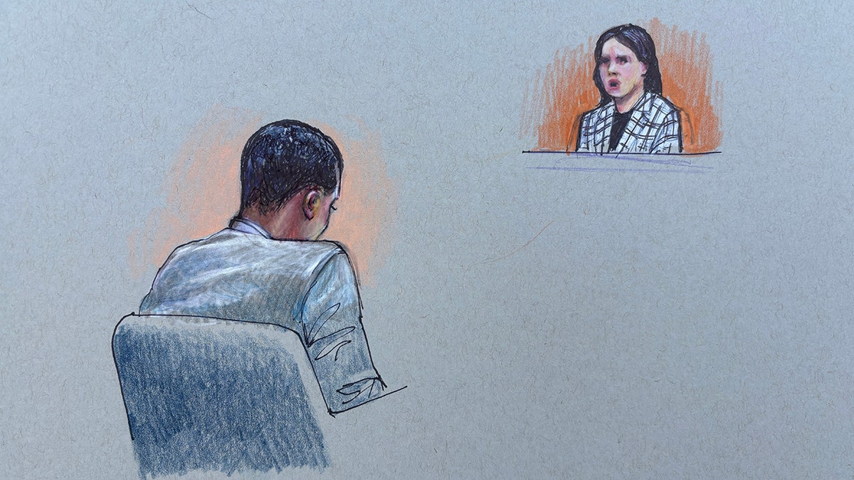 A court sketch depicts the scene from Karmelo Anthony’s trial as his mother, Kayla Hays, is called as the sole witness