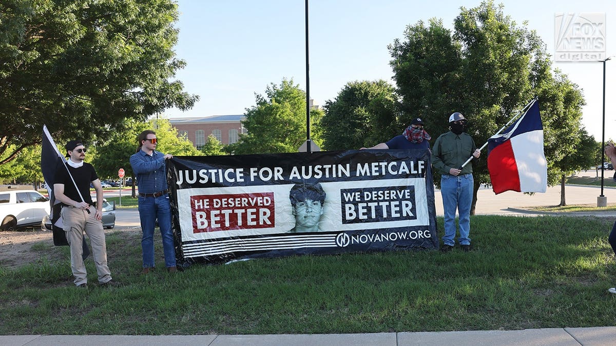 Demonstrators supporting Austin Metcalf outside Collin County Courthouse in McKinney Texas