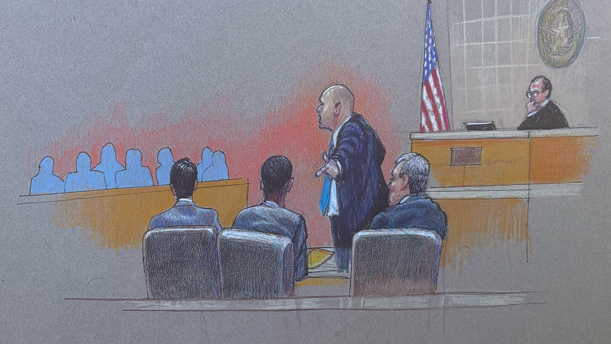 Courtroom sketch shows defense attorney Mike Howard addressing jurors during Karmelo Anthony's murder trial