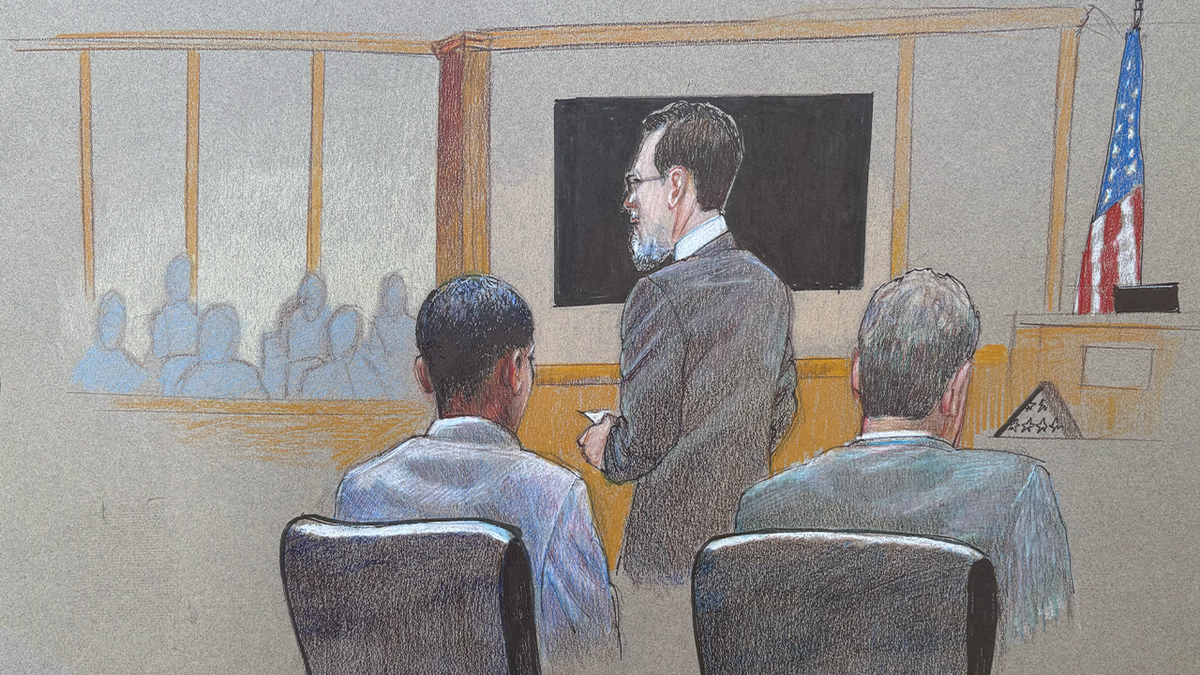 Courtroom sketch depicts Collin County prosecutors delivering opening statements in the murder trial of Karmelo Anthony