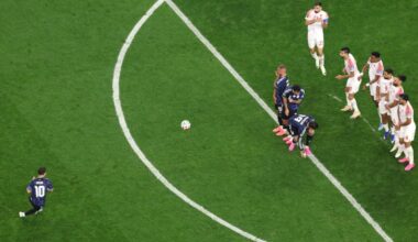 ARLINGTON, TEXAS - JUNE 27: Lionel Messi #10 of Argentina scores his team's third goal from a free kick during the FIFA World Cup 2026 Group J match between Jordan and Argentina at Dallas Stadium on June 27, 2026 in Arlington, Texas.
