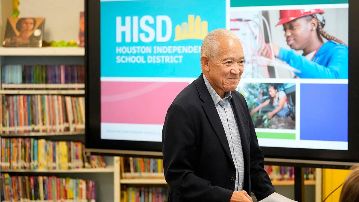 Mike Miles standing inside Thomas Jefferson Elementary School in Houston.