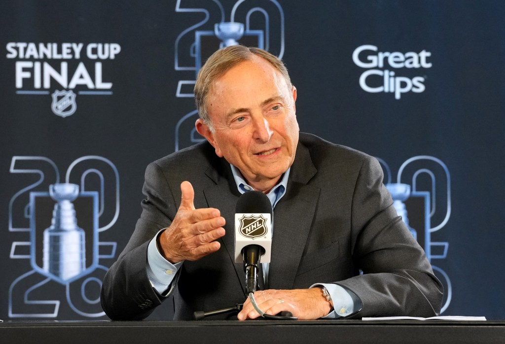 NHL Commissioner Gary Bettman speaking to the media before Game One of the Stanley Cup Final.