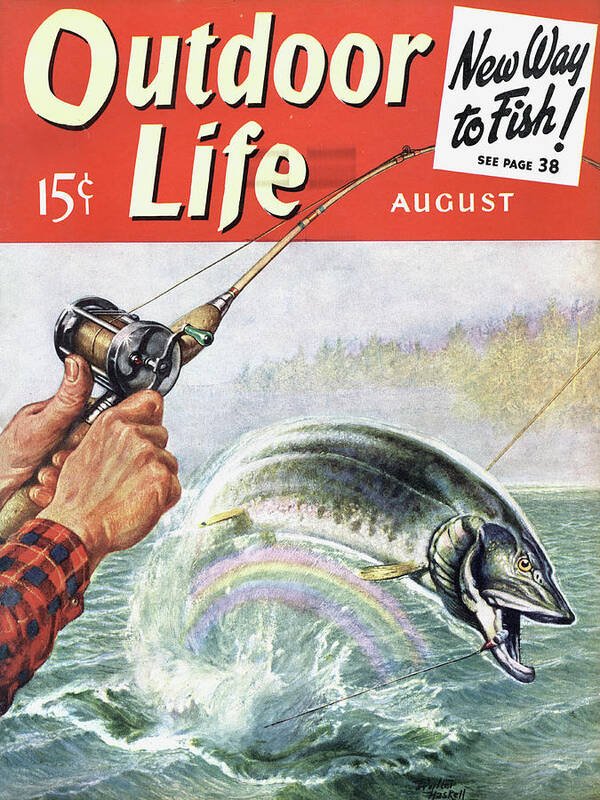 an old outdoor life cover of catching a fish with a rainbow under it