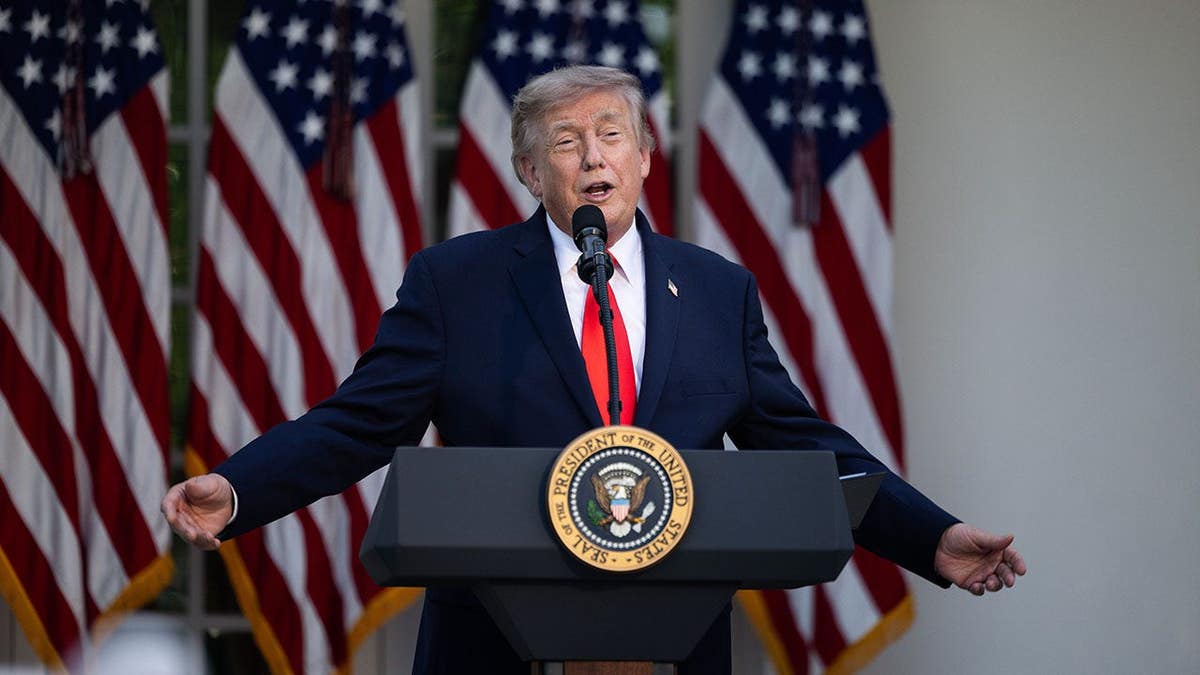 President Donald Trump speaking during a Rose Garden Club dinner at the White House