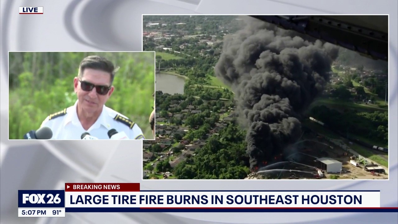 Large tire fire burns in Houston as fire chief speaks