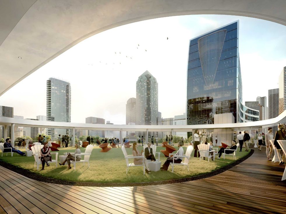 Rendering of rooftop pavilion on new glass-and-steel pavilion at Klyde Warren Park