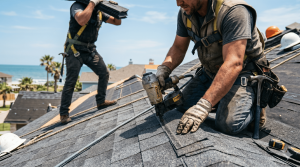Two roofers working on a residential roof repair near the ocean, using tools and materials for shingle roofing.