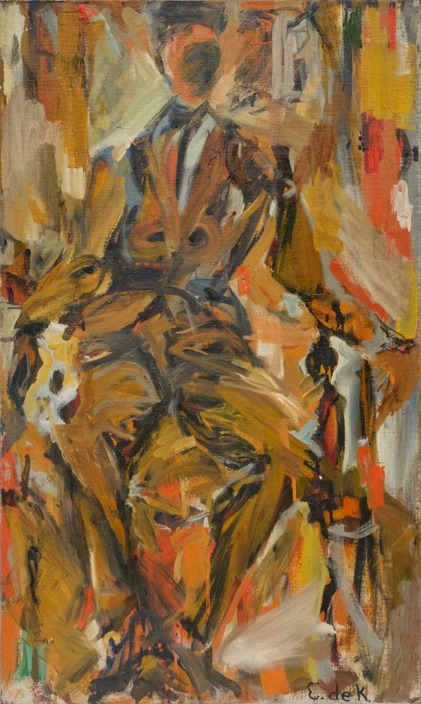 Abstract expressionist painting depicting loosely rendered seated figure, layered brushstrokes in ochre, black, red.