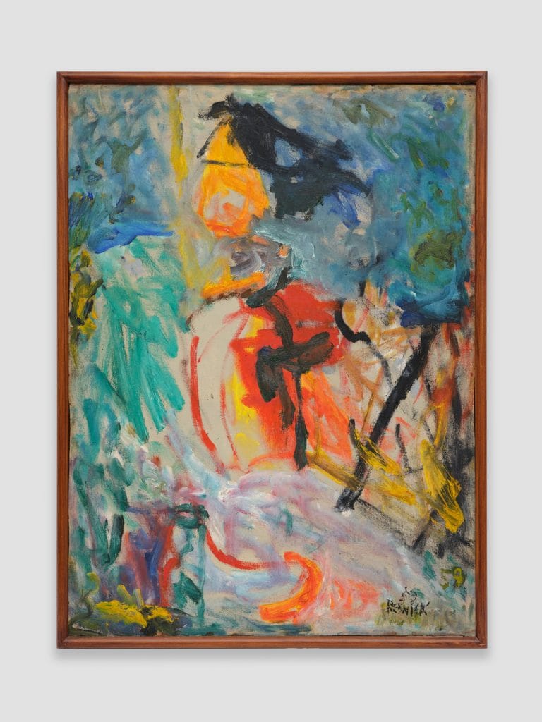 Abstract painting by Milton Resnick with energetic blue, turquoise, red, yellow, and black gestural brushstrokes throughout.