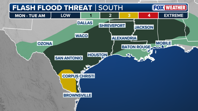 Flood flood outlook across the South on Monday through Tuesday morning.