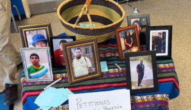 <div><p>St. Camillus Parish in Silver Spring, Maryland, created a special altar featuring photos, names and prayer intentions of those who are detained or too afraid to attend the Archdiocese of Washington’s Corpus Christi procession. Photos courtesy of Sister Eilis McCulloh, Kathy Gallagher and Edwin Mendez.</p></div>