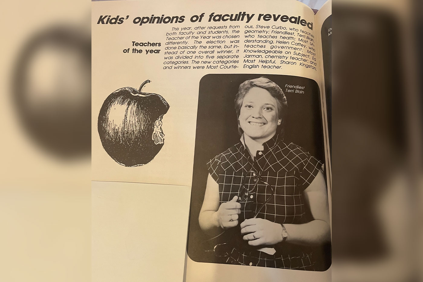 A clipping from a 1983 newsletter naming Terri "friendliest" teacher.