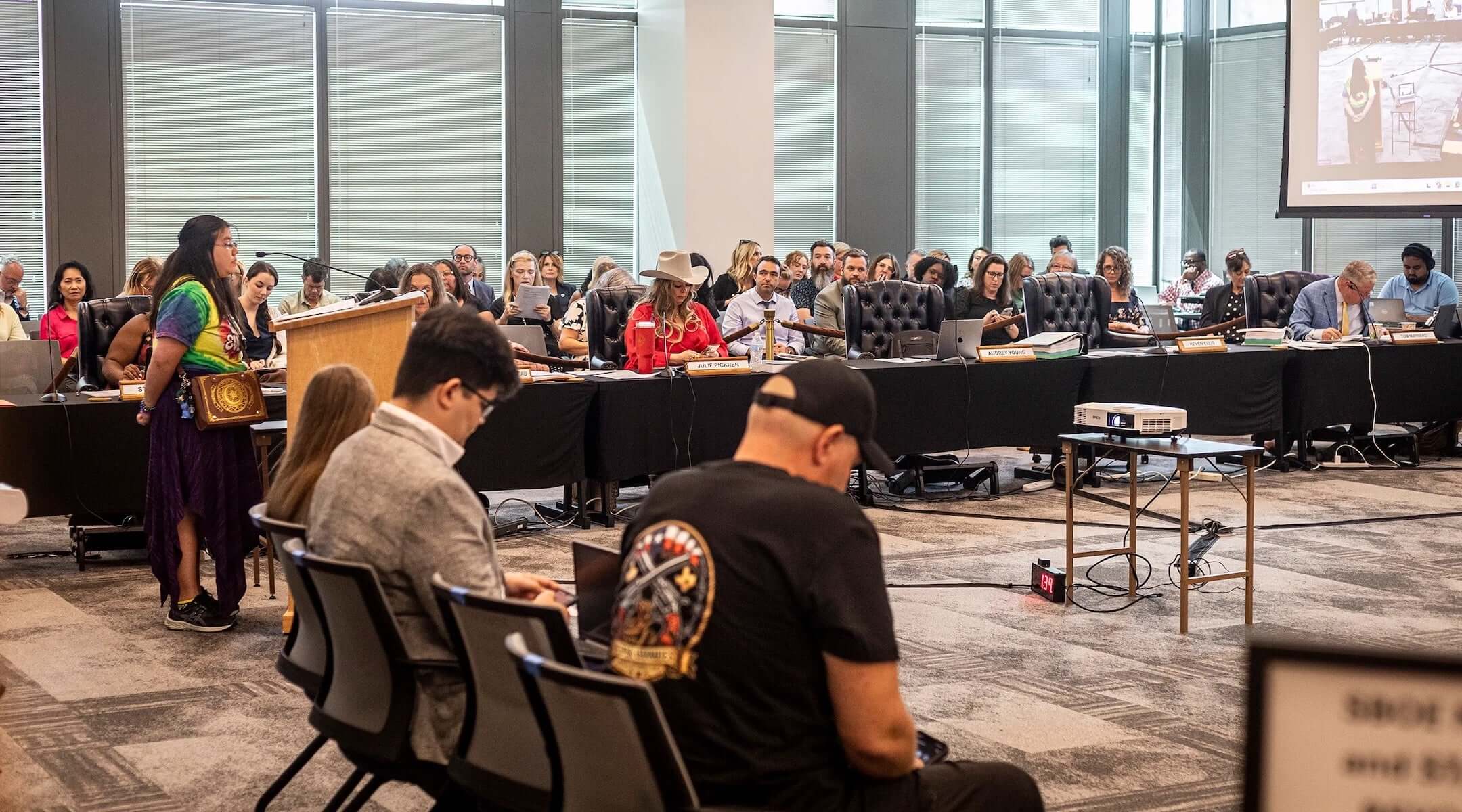 Certified elementary school librarian Sarah Pepin speaks at a State Board of Education meeting in Austin on June 22, 2026.
