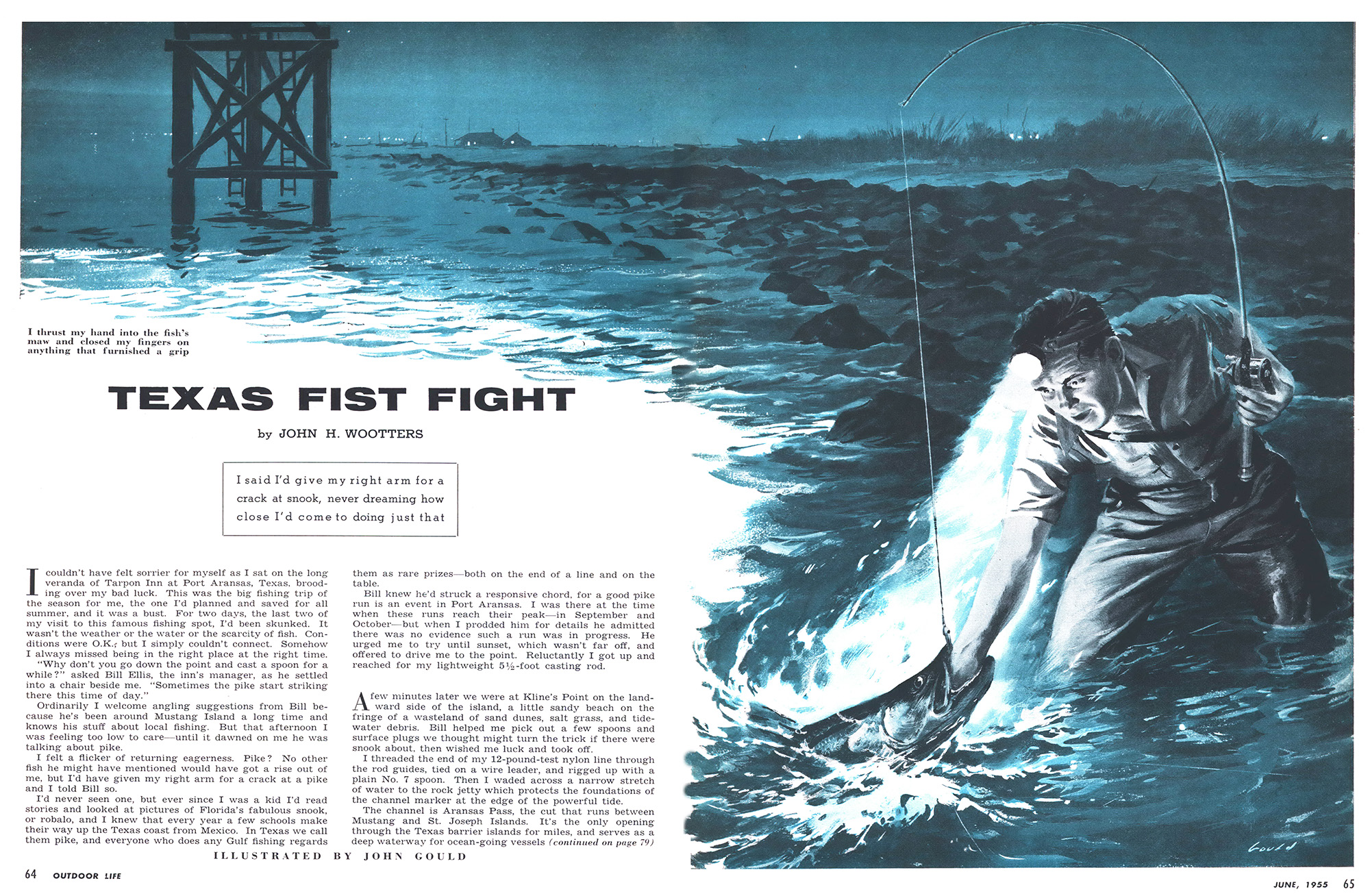 The two-page spread of a story Texas Fist Fight about snook fishing.