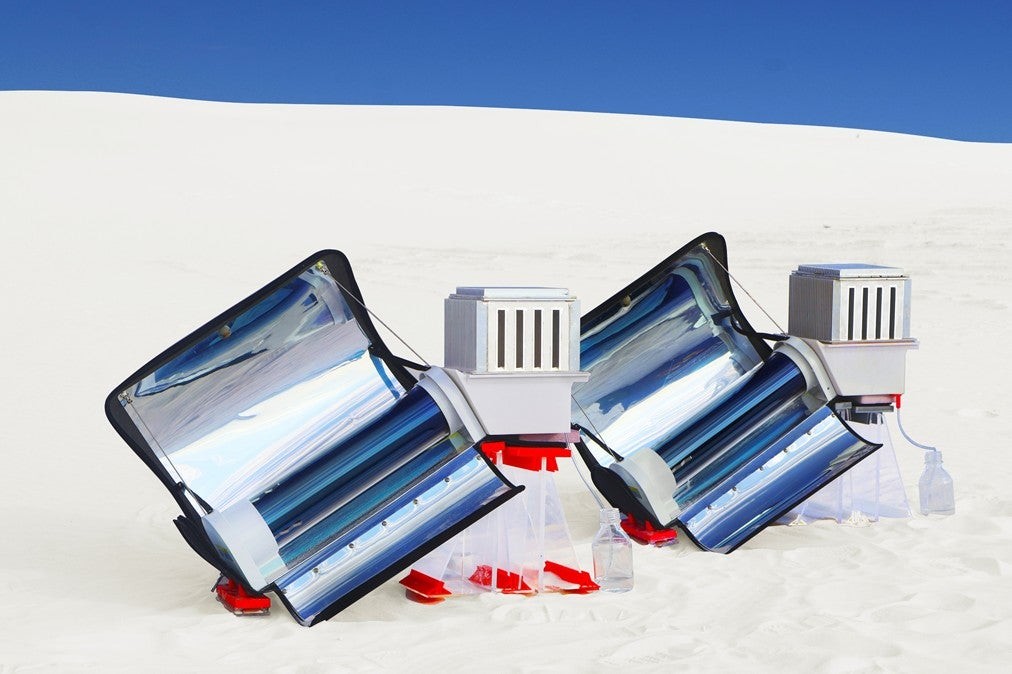 Foldable atmospheric water harvesters collecting drinking water in the desert
