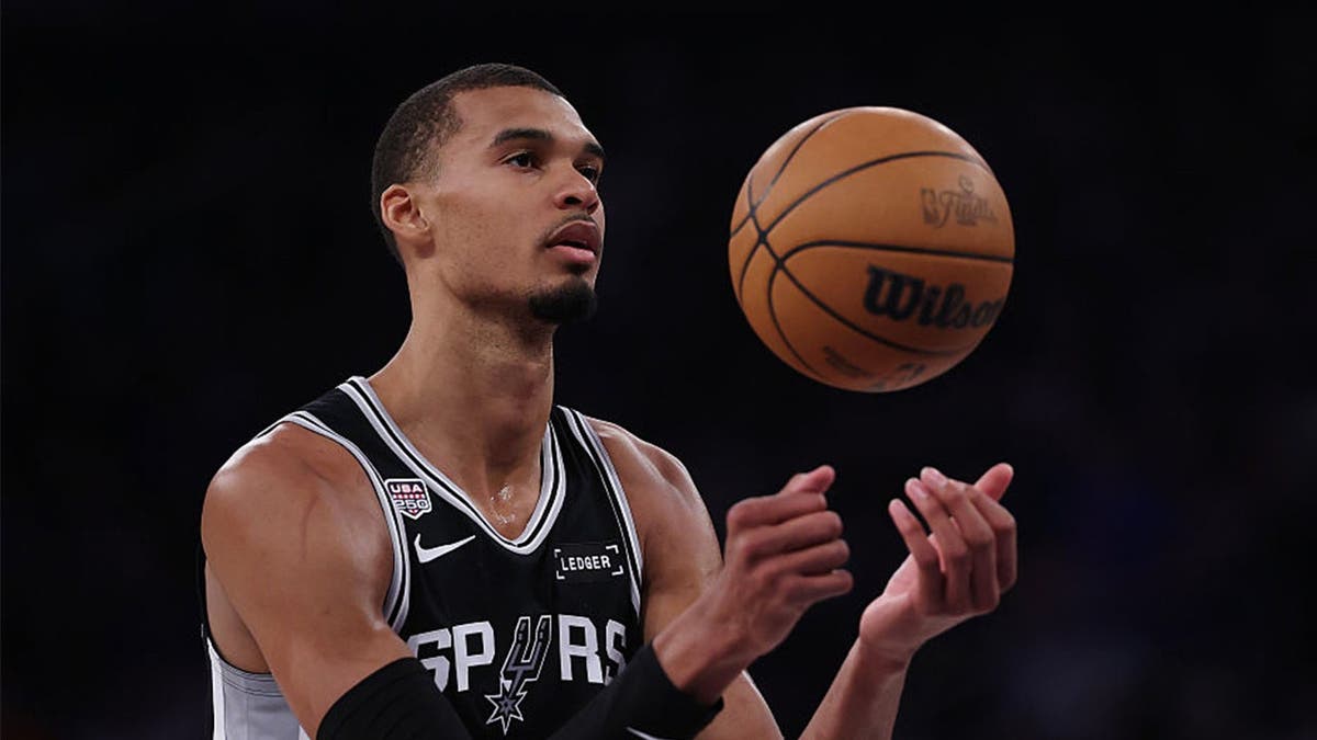 Victor Wembanyama #1 of the San Antonio Spurs takes a foul shot