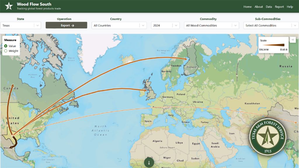 northern hemisphere map with arrows to  export destinations of wood commodities from Texas to illustrate capabilities of this tool