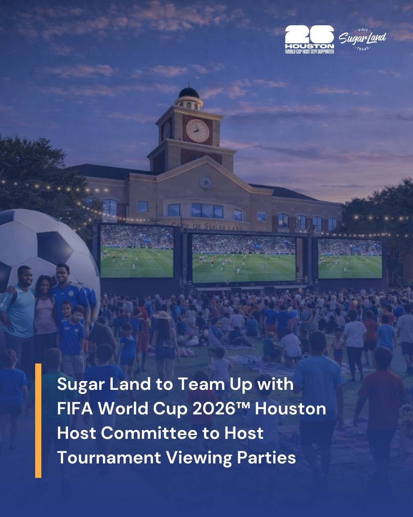 Image shows an announcement of the World Cup watch parties in Sugar Land Town Square. 
