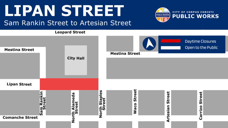 Map showing closure on Lipan Street.