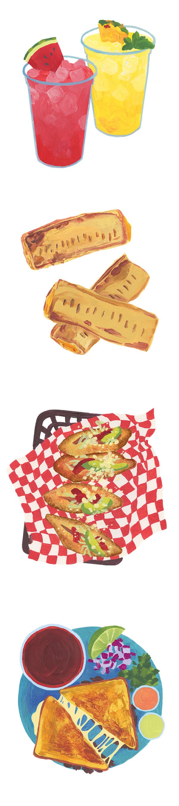 illustration of agua frescas, taco de pina, lonches progreso, and birria grilled cheese