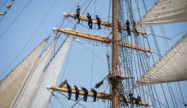 Tall ships fill Boston's outer harbor during the 2026 Parade of Sail.  (Robin Lubbock/WBUR)