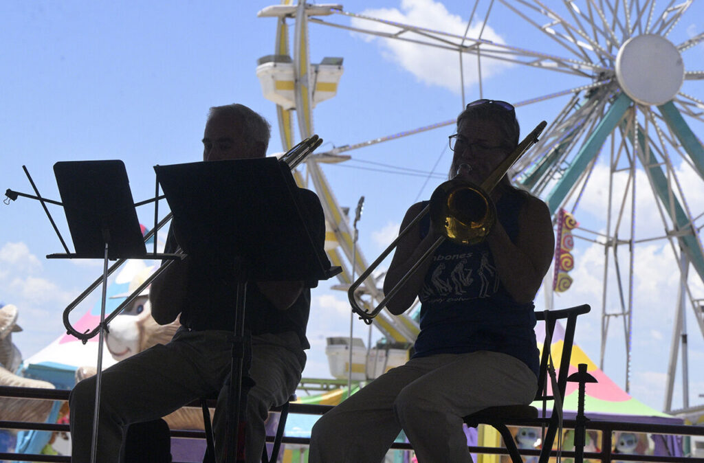 The Bare Bones trombone group plays a concert at the pavilion at the El Paso County Fair on Sunday, July 12, 2026. The El Paso County Fair will continue in Calhan through July 18. (The Gazette, Jerilee Bennett)