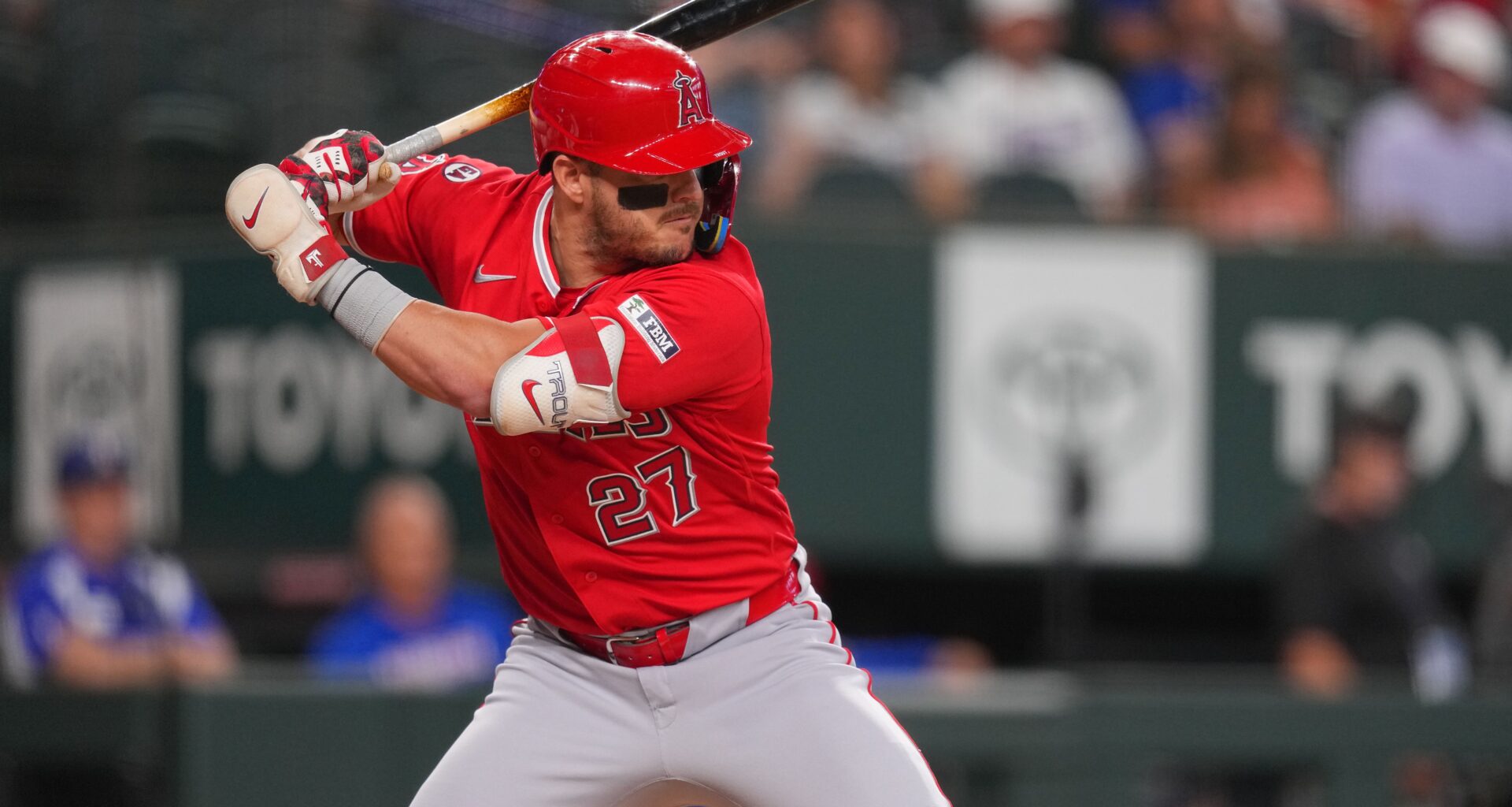 Los Angeles Angels designated hitter Mike Trout waits for a pitch from the Texas Rangers during the first inning of a baseball game, Wednesday, July 8, 2026, in Arlington, Texas. (AP Photo/Julio Cortez)