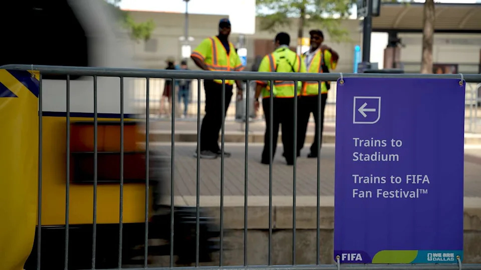 A DART train approaches Victory Station in Dallas ahead of a World Cup match on Tuesday, June 30. (Joe Snell/The Dallas Morning News)