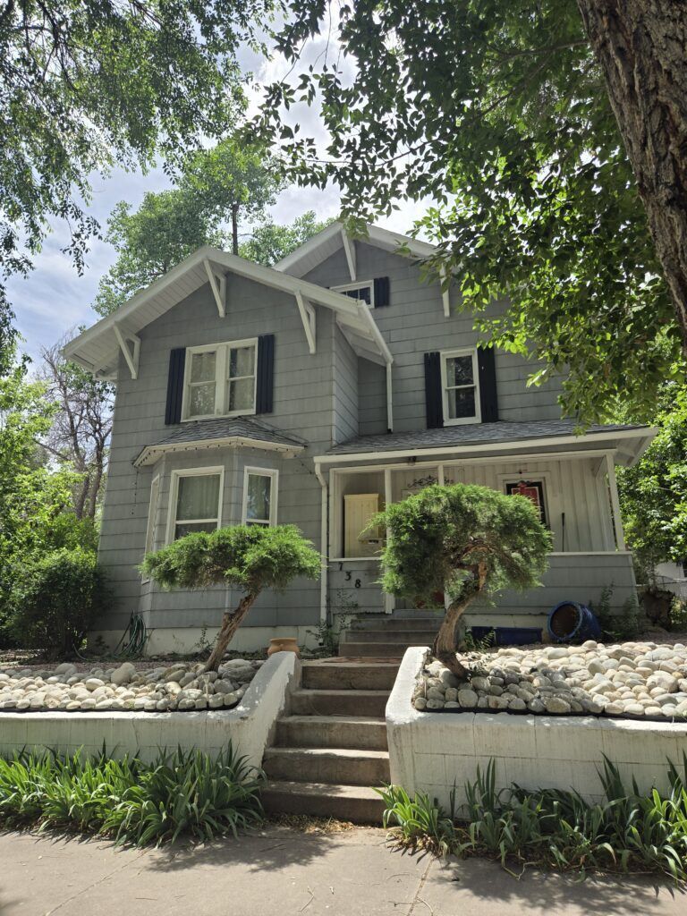 Exterior of a light blue house