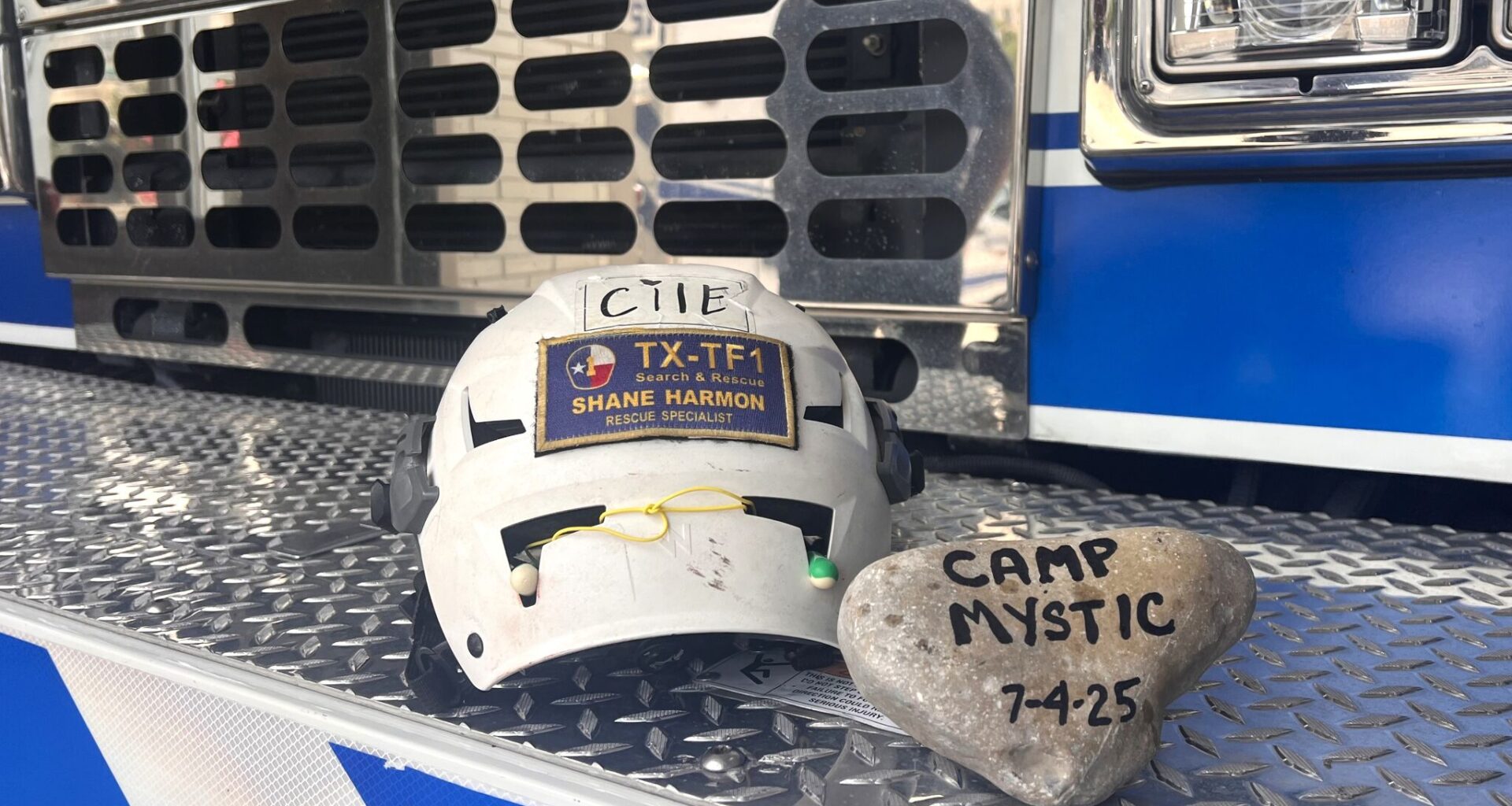 Fort Worth firefighter Shane Harmon, whose helmet is on the left, is one of five North Texas first responders who spoke to The Dallas Morning News about their Hill Country flood experiences.