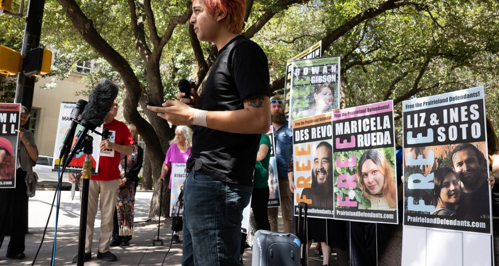 Esteban Soto, the son of Ines and Liz Soto, reads statements from his parents outside of the Eldon B. Mahon U.S. Courthouse in Fort Worth, Texas, Wednesday, July 1, 2026. Two judges sentenced seven defendants in the Prairieland Detention Center attack in the federal court Wednesday.
