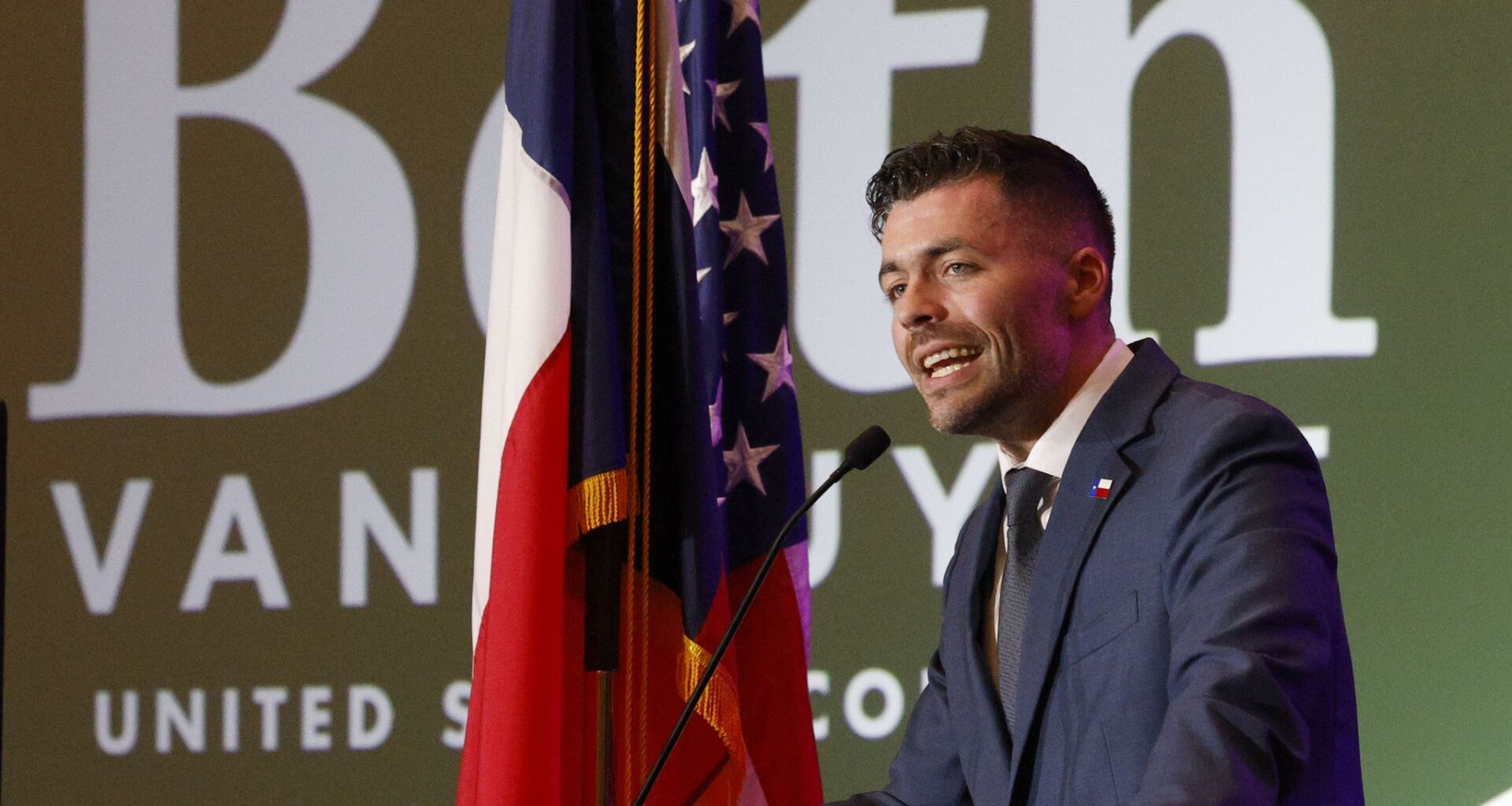 State Rep. Nate Schatzline speaks during a Republican election night watch party at Gaylord Texan Resort and Convention Center, Tuesday, Nov. 5, 2024, in Grapevine.
