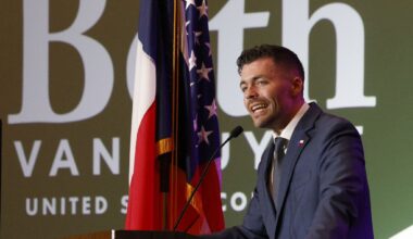 State Rep. Nate Schatzline speaks during a Republican election night watch party at Gaylord Texan Resort and Convention Center, Tuesday, Nov. 5, 2024, in Grapevine.
