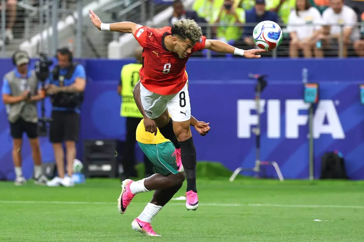 Egypt's Emam Ashour (8) scores their first goal during the World Cup round of 32 soccer match between Australia and Egypt in Arlington, Texas, near Dallas, Friday, July 3, 2026. (AP Photo/Gareth Patterson)